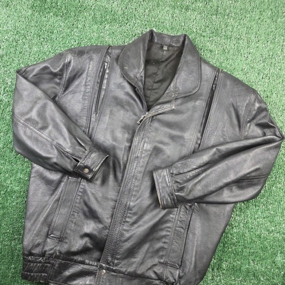 Vintage Black Leather‎ Bomber Jacket Mens Large Multi-Zip Heavyweight Pilot Coat